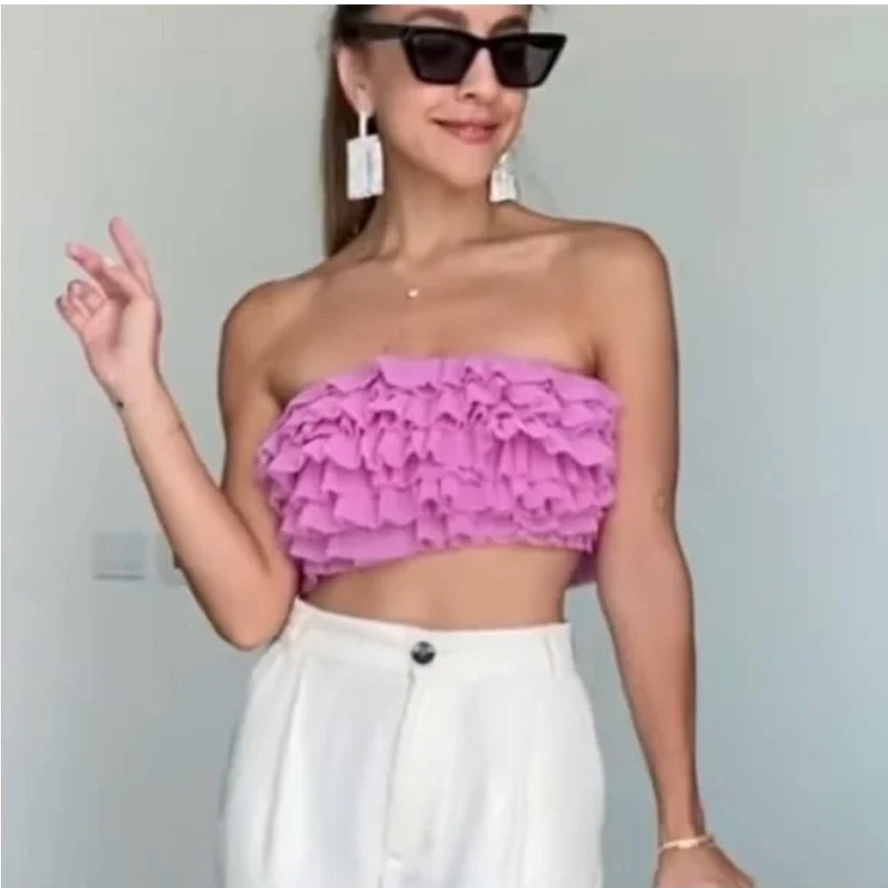 ❌SOLD❌ZARA NWT Organza Bandeau Ruffled Top - Picture 2 of 3